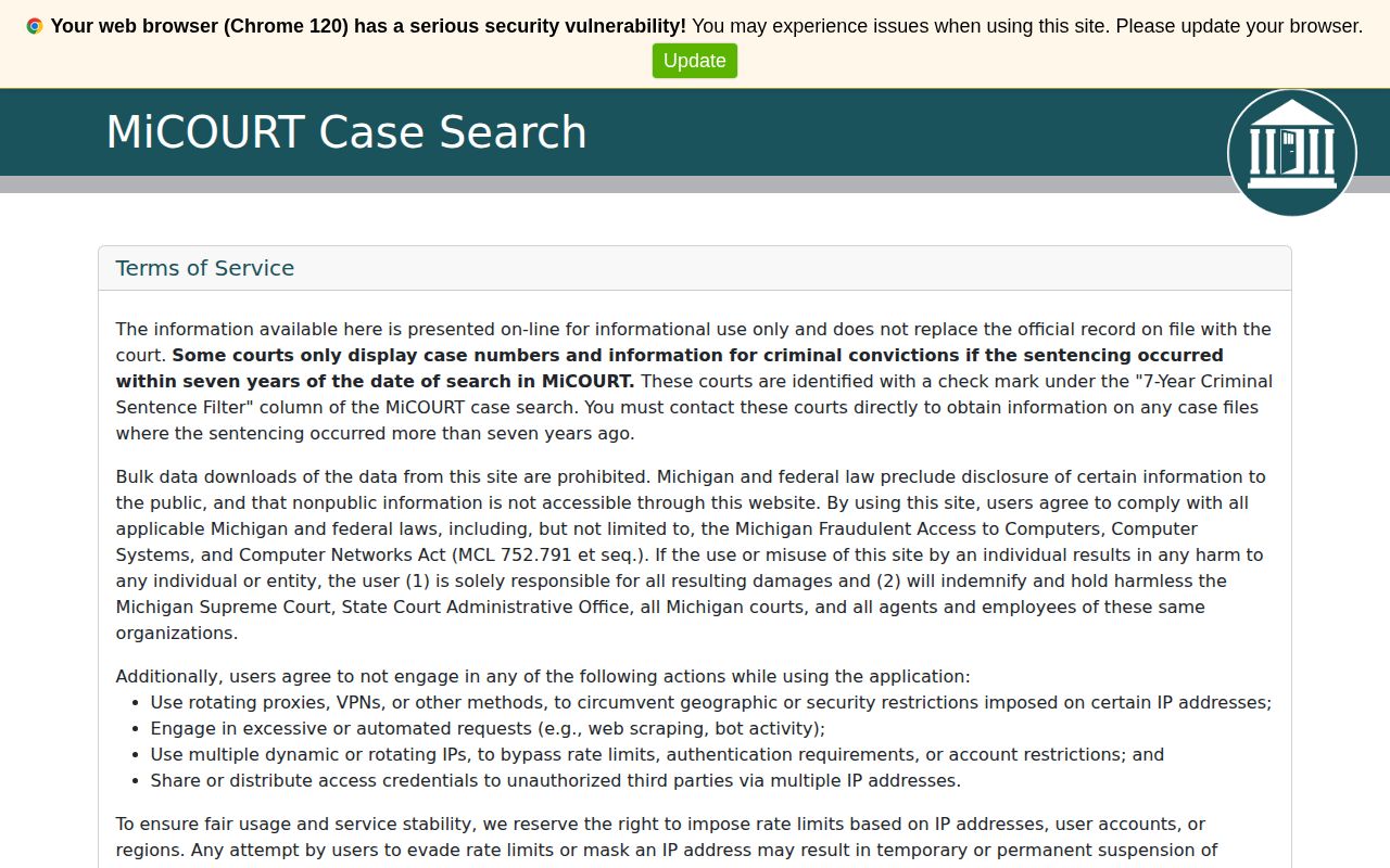 MiCOURT case search for Crawford County release records