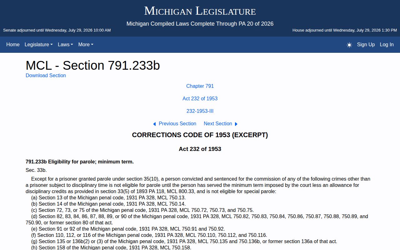 Michigan truth-in-sentencing statute used for Crawford County projected release dates