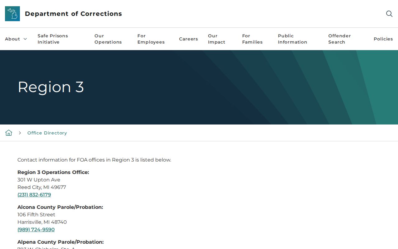 Crawford County parole and probation office in the MDOC Region 3 directory
